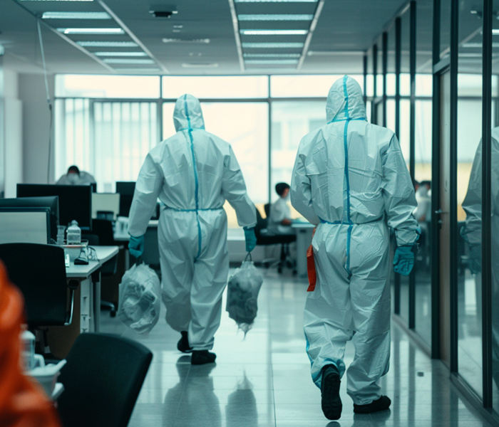 Men in biohazard suits at an office